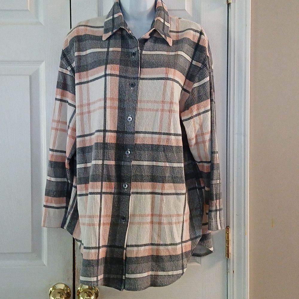 Forenza vintage 80's gray pink white ribbed long sleeve button down short Sz